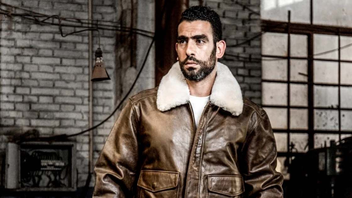 Mens leather and hot sale fur bomber jacket