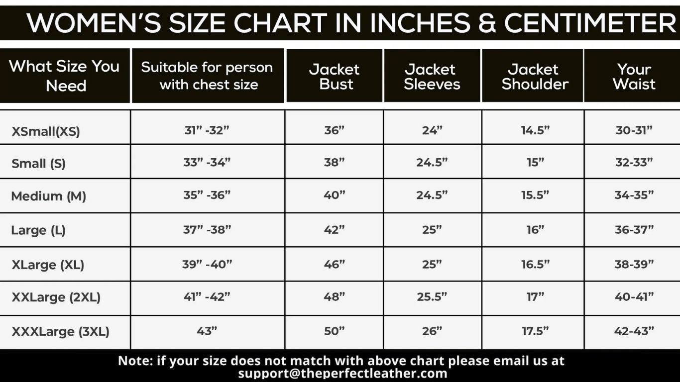 Size Chart Of Women Leather Jacket