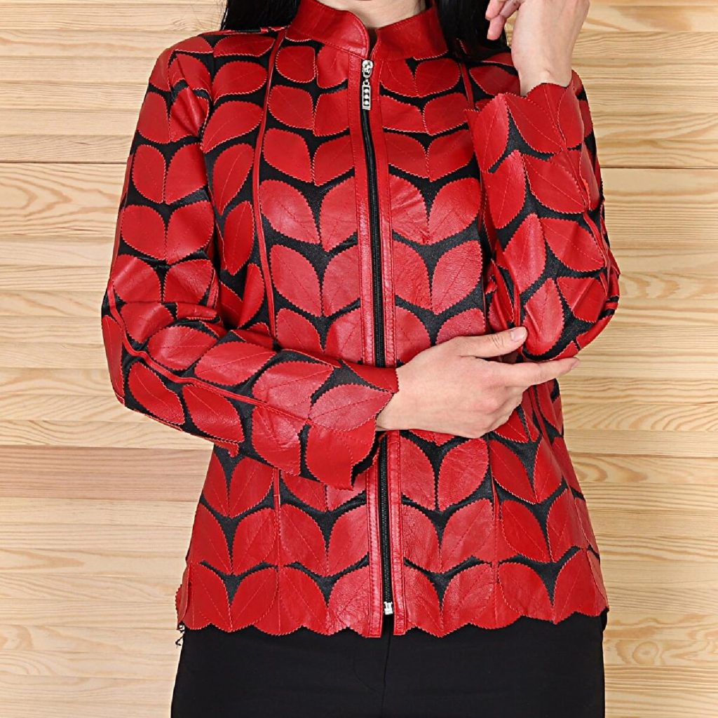 Women's Red Leaf Patterned Leather Jacket