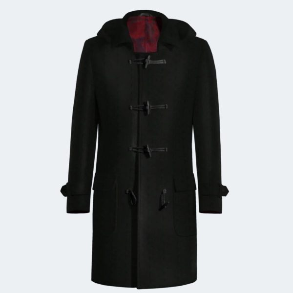 Black Long Duffle coat with sleeve straps