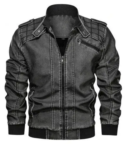 Gray Men Leather Biker Jacket