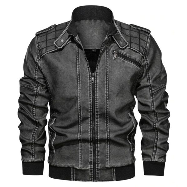 Gray Men Leather Biker Jacket
