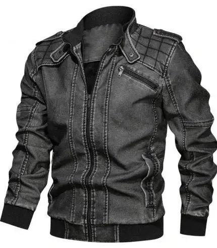 Gray Men Leather Biker Jacket