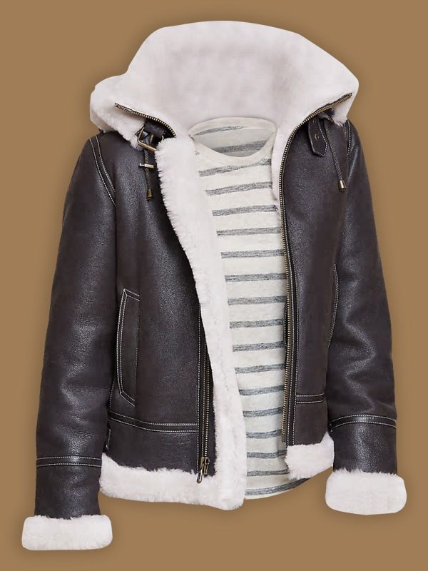 Men Black Shearling Leather Jacket With Hoodie