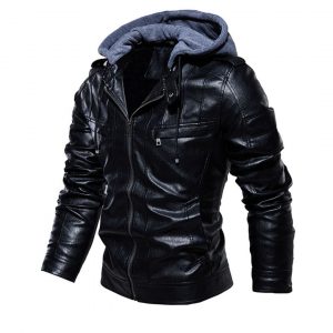 _Motorcylce Casual Black Leather Jacket with Hood