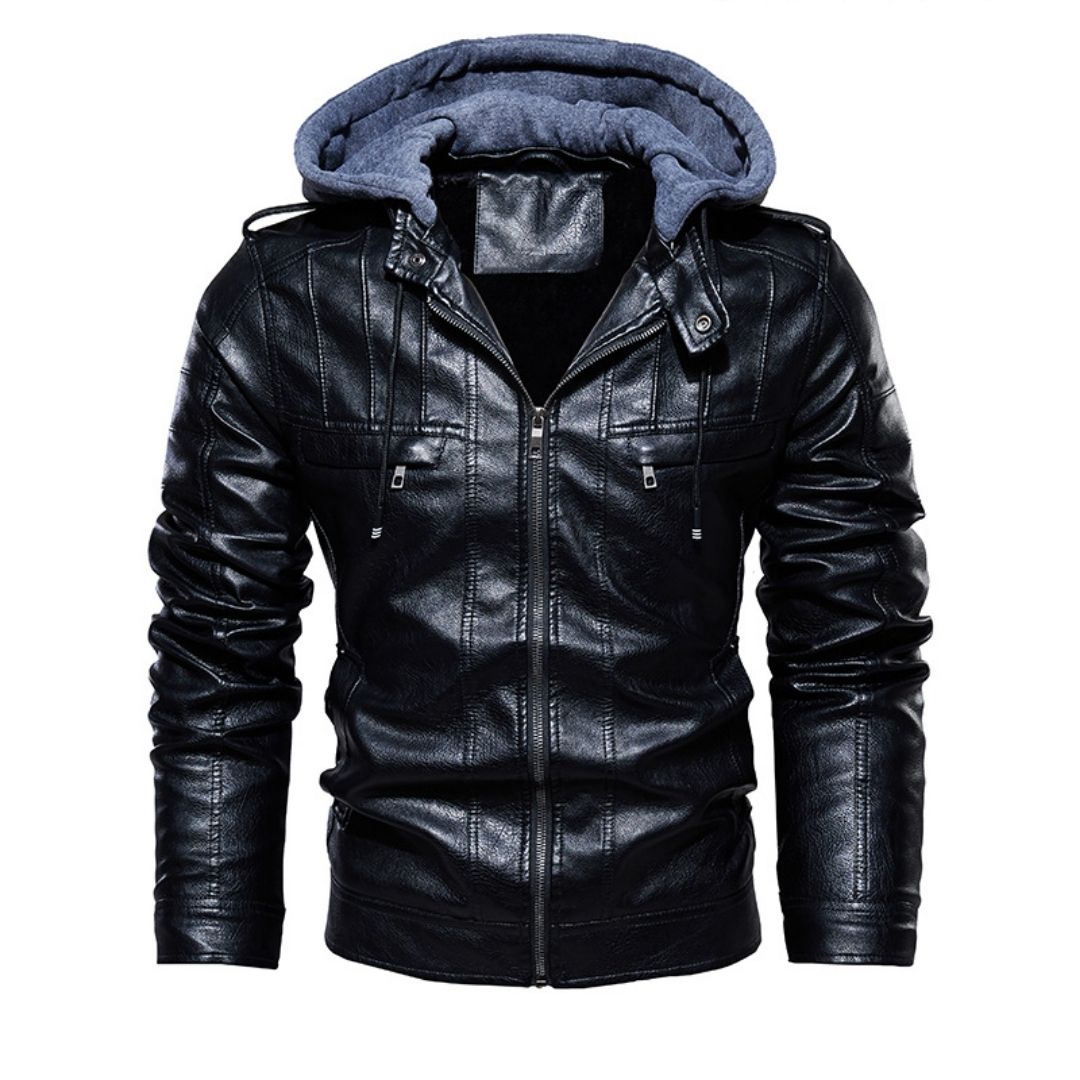 Motorcylce Casual Black Leather Jacket with Hood
