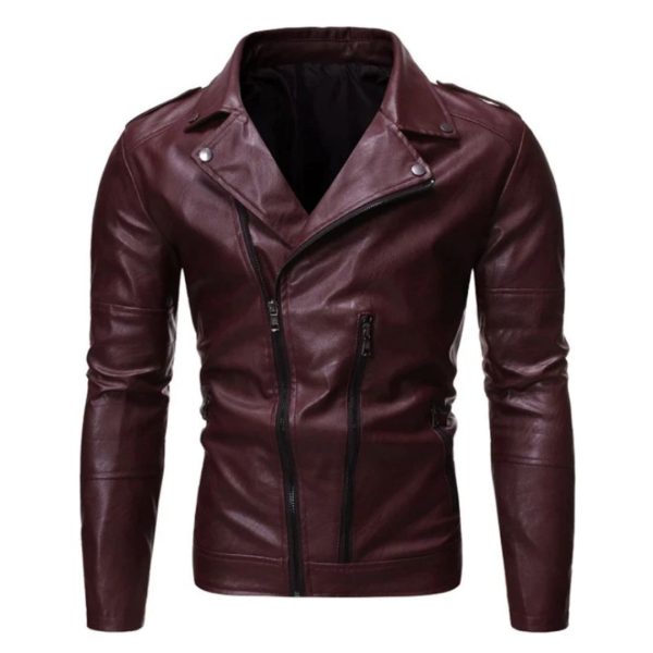 Oblique Zipper Design Motorcycle Biker Leather Jacket