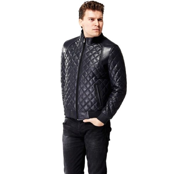 The Classic Diamond Quilted Navy Blue Men’s Leather Jacket