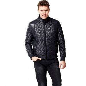 The Classic Diamond Quilted Navy Blue Men’s Leather Jacket
