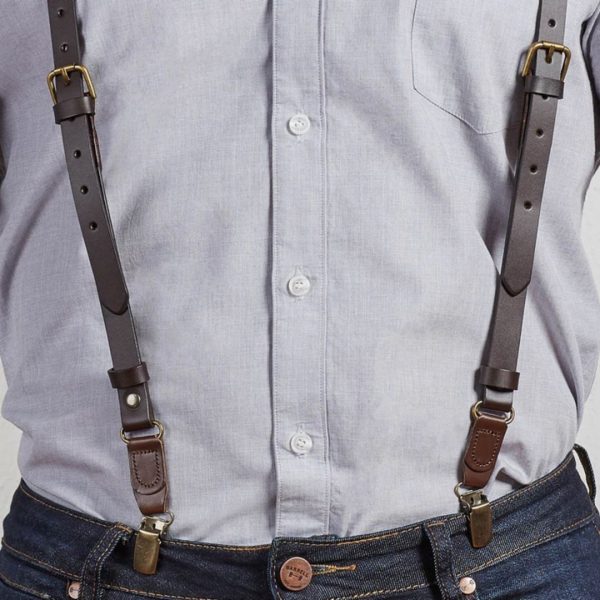 Brown Leather Buckle Skinny Suspenders 1