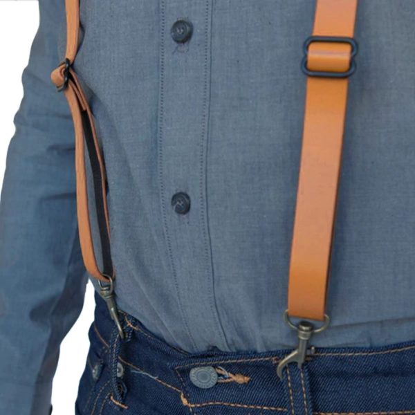 Tan Leather Skinny Suspenders with Metal Hook Closure