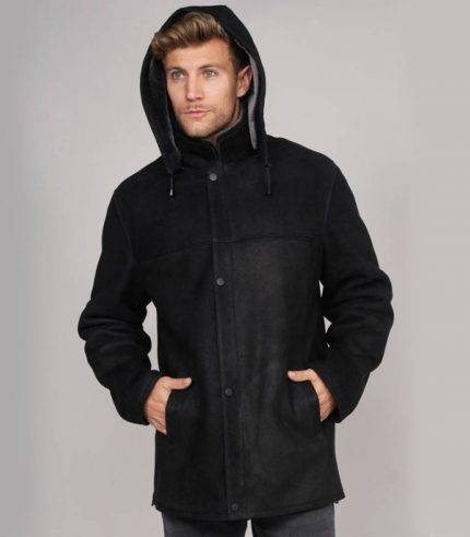 Black Shearling Sheepskin Hooded Jacket