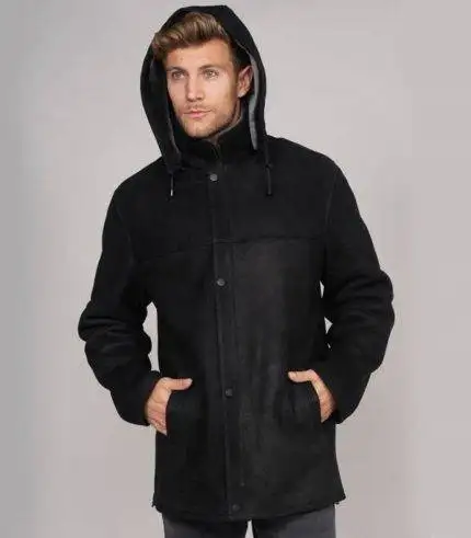 Black Shearling Sheepskin Hooded Jacket