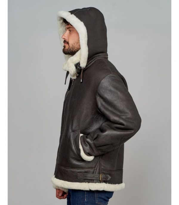 DARK BROWN SHEARLING BOMBER JACKET WITH HOOD