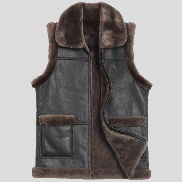 Dark Brown Mens Winter Sheepskin Shearling Leather Vest
