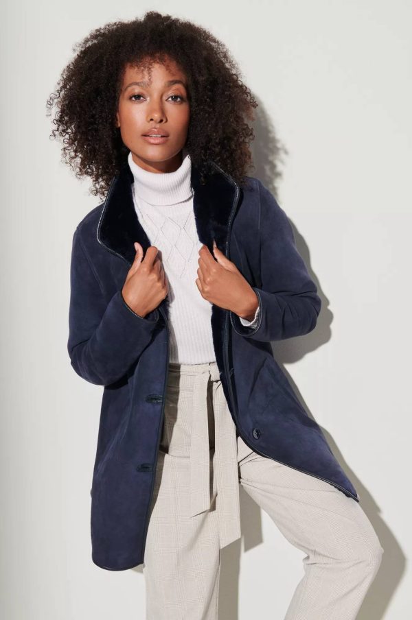 Audrey Spanish Shearling Sheepskin Coat with Leather Trim