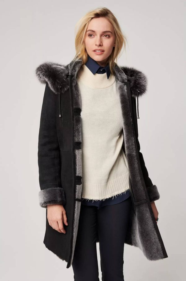 Juliette Spanish Merino Shearling Sheepskin Coat with Fur Trim and Detachable Hood 5