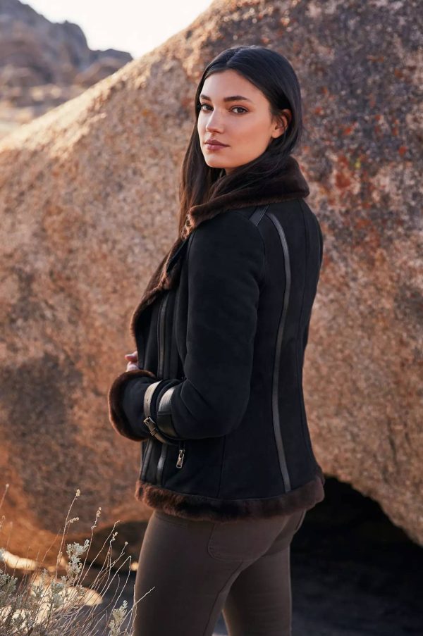 Olivia Spanish Merino Shearling Sheepskin Bomber Jacket 14