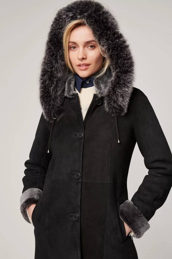 Juliette Spanish Merino Shearling Sheepskin Coat with Fur Trim and Detachable Hood 2