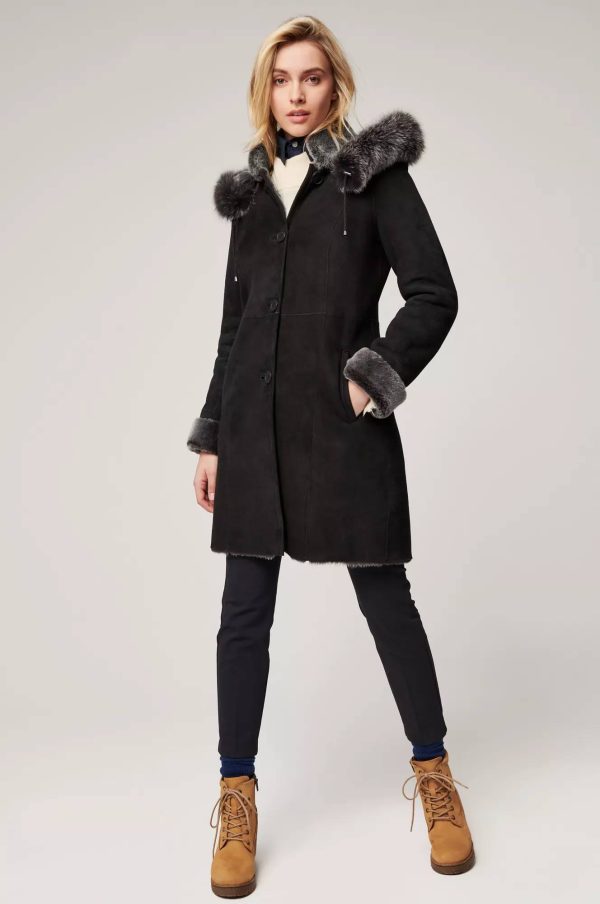 Juliette Spanish Merino Shearling Sheepskin Coat with Fur Trim and Detachable Hood 3