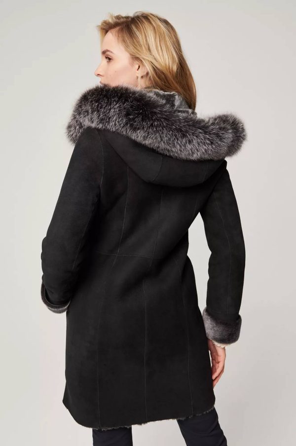 Juliette Spanish Merino Shearling Sheepskin Coat with Fur Trim and Detachable Hood 7