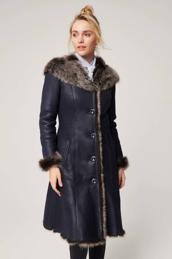 Theodora Hooded Navy Toscana Sheepskin Coat 10
