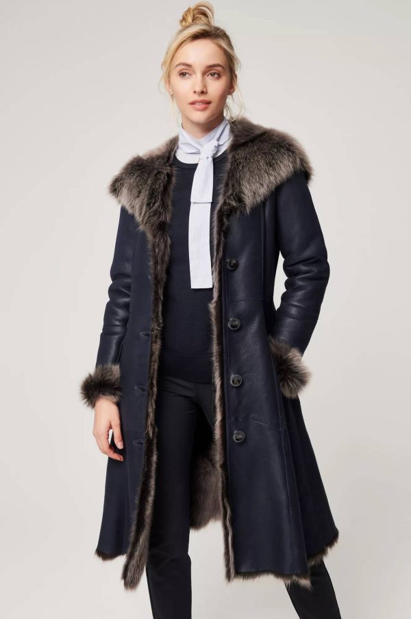 Theodora Hooded Navy Toscana Sheepskin Coat 15