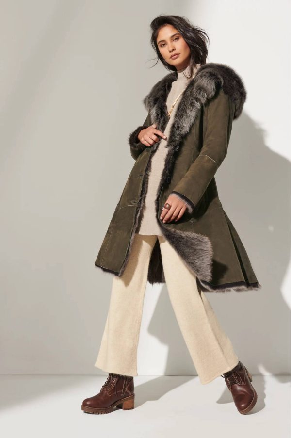 Theodora Hooded Navy Toscana Sheepskin Coat in US 2
