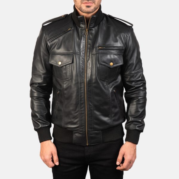 Agent Shadow Black Leather Bomber Jacket United States