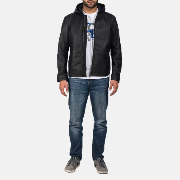 Andy Matte Black Hooded Leather Jacket