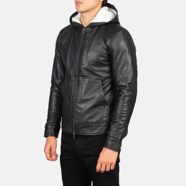 Baston Black Hooded Leather Bomber Jacket USA