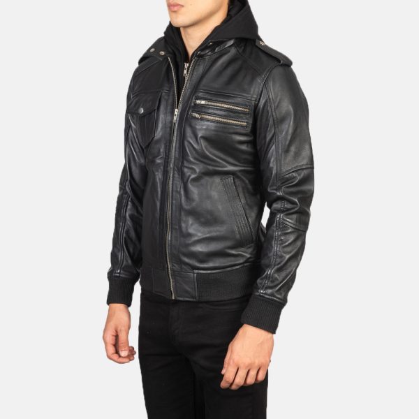 Bravado Black Hooded Leather Bomber Jacket US