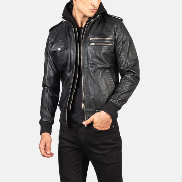 Bravado Black Hooded Leather Bomber Jacket USA