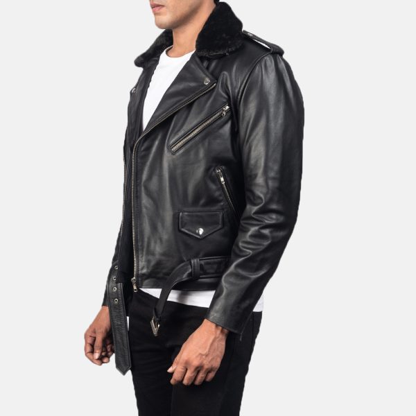Furton Black Leather Biker Jacket US