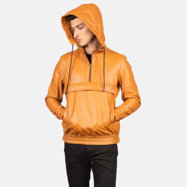 Kenton Hooded Brown Leather Pullover Jacket USA