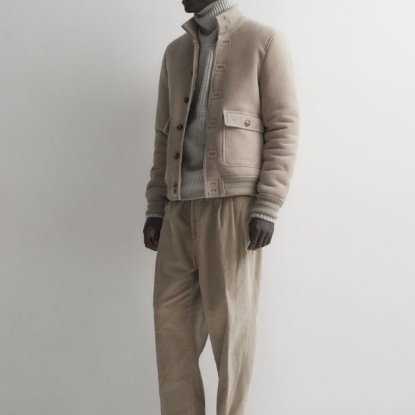 Mens Cream Shearling Bomber Jacket